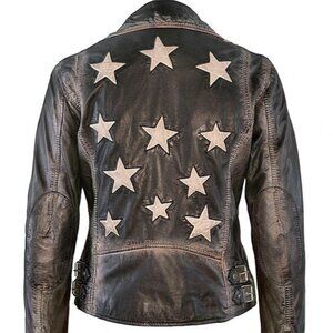 Christy Rf Star Detail Leather Jacket, Vintage Black